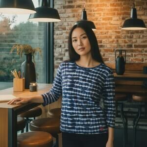 Tory Burch Blue Tie Dye Stripe Cotton Lightweight Long Sleeve Shirt, Size Large